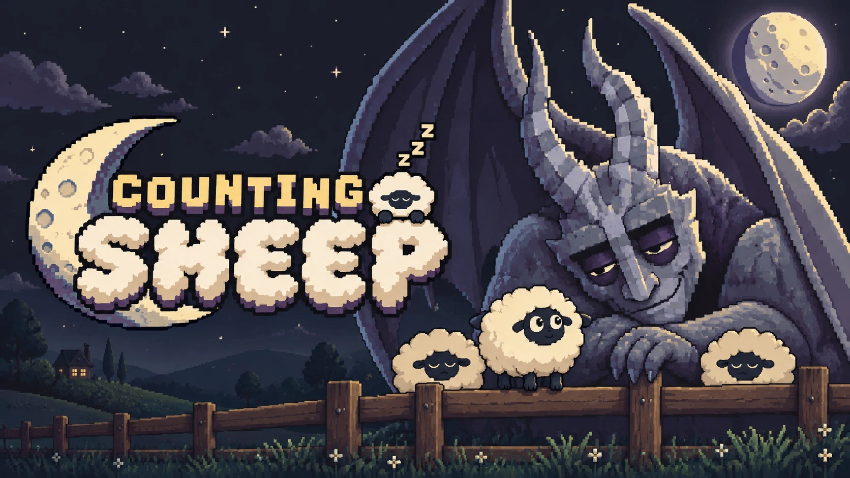 Counting Sheep capsule art: a sleepy stone gargoyle leans on a moonlit fence among three pixel sheep, beside the Counting Sheep logo.