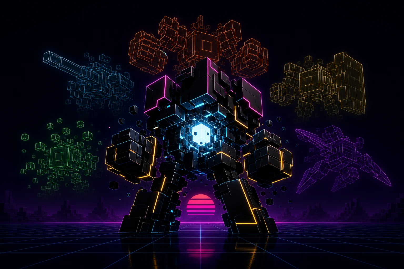 Synthform key art: a giant made of glowing cubes stands on a neon grid under a striped synthwave sun, ringed by the shapes a cube can become.